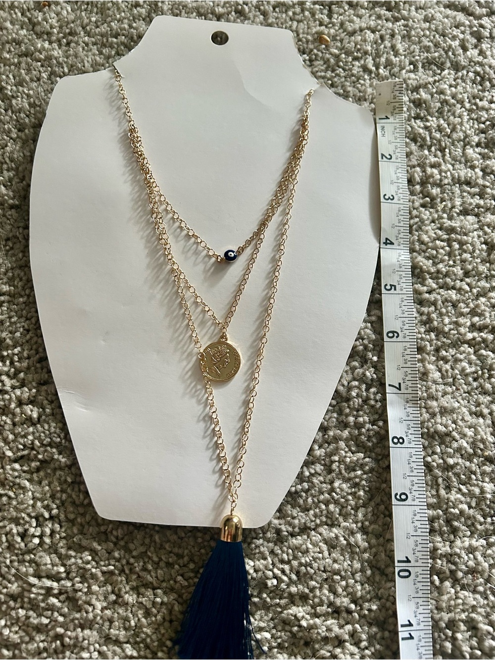 Layered Gold-Tone Necklace with Navy Tassel